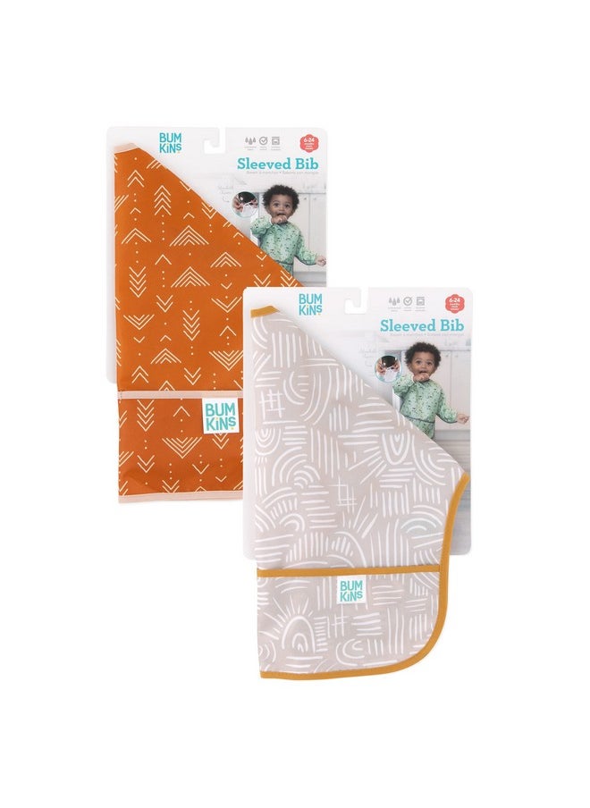 BUMKiNs - Sleeved Bib For Girl Or Boy, Baby And Toddler For 6-24 Mos, Essential Must Have For Eating, Feeding, Baby Led Weaning Supplies, Long Sleeve Mess Saving Food Catcher, 2-Pk Desert Boho - Image 1