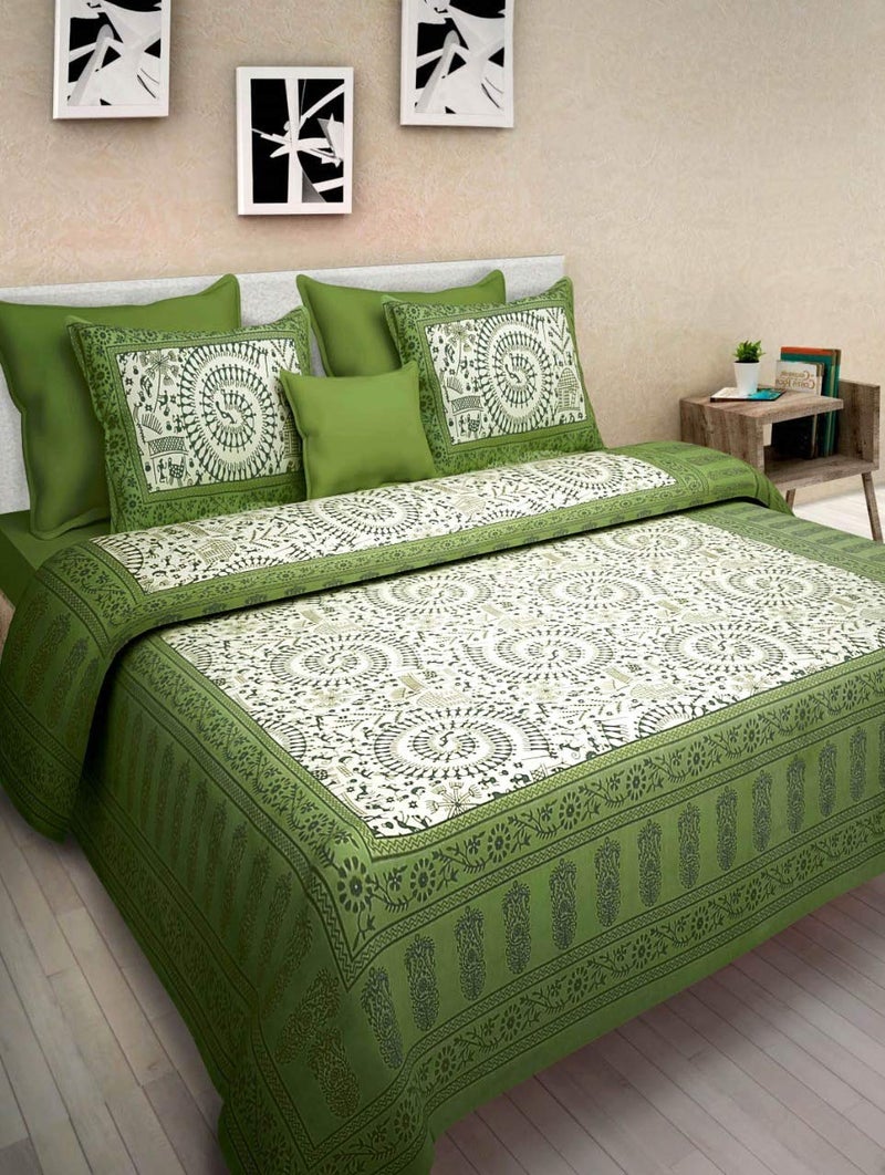 Om Export Queen Size Double Bed Sheet with Pillow Covers Pure Cotton Indian Traditional Printed Bedcover Green - Image 1