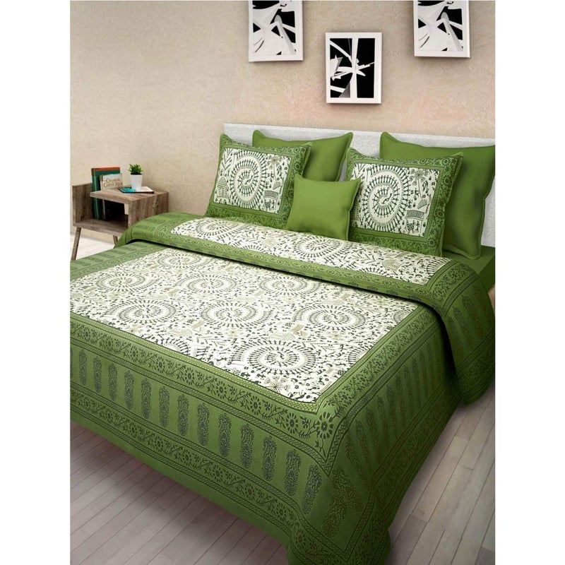 Om Export Queen Size Double Bed Sheet with Pillow Covers Pure Cotton Indian Traditional Printed Bedcover Green - Image 4