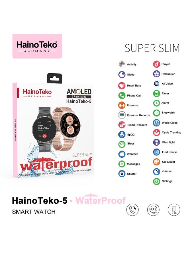 Haino Teko HainoTeko 5 Smart Watch – Super Slim Design, Bluetooth Call, AMOLED Display, Waterproof, 5–7 Days Battery, with 3 Straps (Stainless, Leather & Silicone) - Image 1