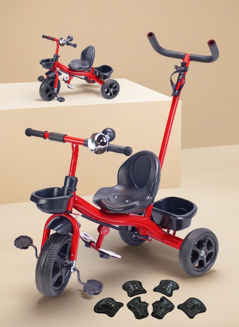 إيزي فيتشور دراجة ثلاثية العجلات سهلة الاستخدام بمقبض دفع للوالدين للأطفال - لعبة ركوب دراجة أطفال مع سلة تخزين (خيارات الألوان الرمادية/الحمراء/الوردية) تتضمن العبوة مجموعة معدات الحماية - Image 1