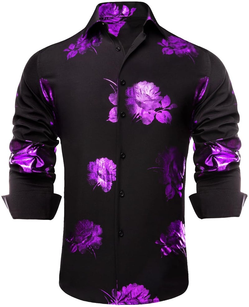Hi-Tie Mens Dress Shirt 3D Print Button Down Long Sleeve Regular Fit Shirt for Party Festival Prom,Black Purple Floral,X-Large - Image 1