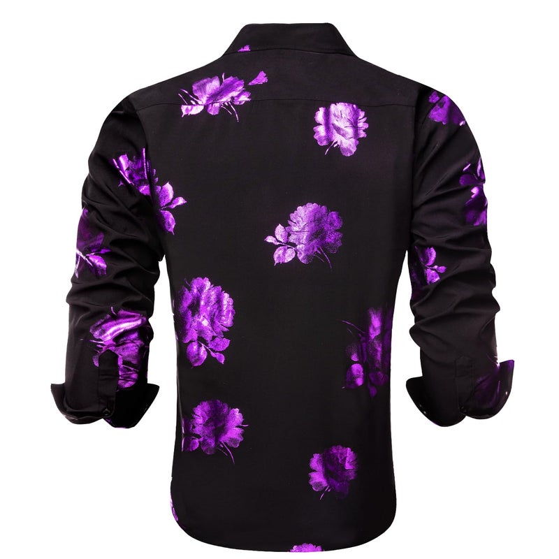 Hi-Tie Mens Dress Shirt 3D Print Button Down Long Sleeve Regular Fit Shirt for Party Festival Prom,Black Purple Floral,X-Large - Image 4