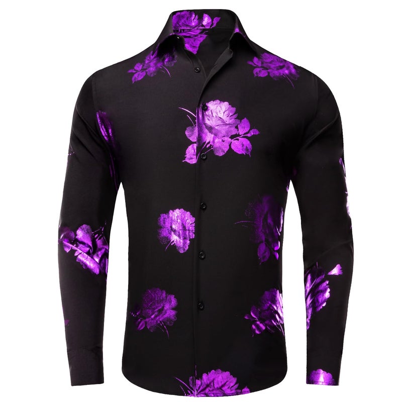 Hi-Tie Mens Dress Shirt 3D Print Button Down Long Sleeve Regular Fit Shirt for Party Festival Prom,Black Purple Floral,X-Large - Image 2