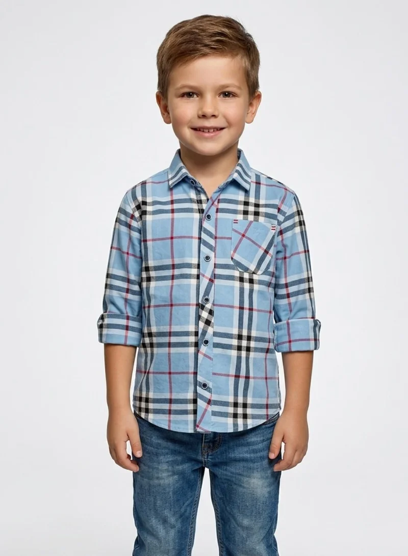babyqlo Boys Blue Checkered Roll Sleeve Shirt