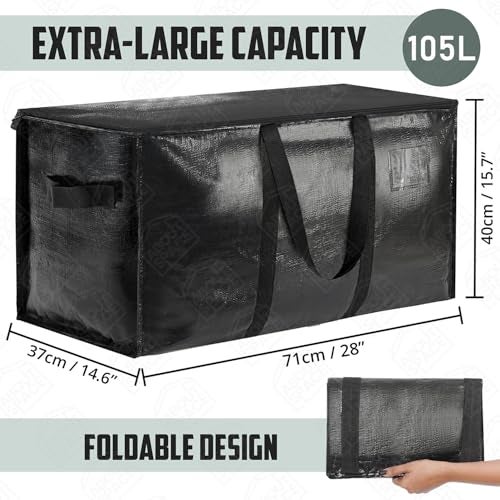 ABOUT SPACE Polypropylene 1 Pc Extra Large Moving Bag 105 L Storage Bags For Clothes-Packing Bags For Shifting- Organizer Bag For Books, Blanket Cover Bag With Wrap Around Handles & Zipper - Black - Image 2