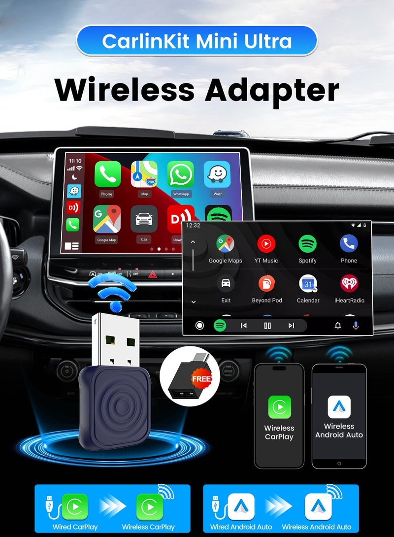 كار لينكيت دونجل CarlinKit Mini Ultra اللاسلكي USB - اندرويد أوتو اللاسلكي وكار بلاي اللاسلكي - محول ذكي للسيارات يناسب 98% من السيارات 2 في 1 - Image 3