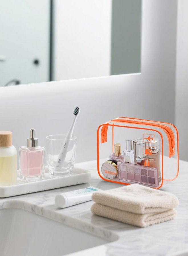 WANDF TSA Approved Clear Travel Toiletry Bag wih Zippers Carry-on Travel Accessories Quart Size Toiletries Cosmetic Pouch Makeup Bags for Men and Women (2pcs Orange) - Image 5