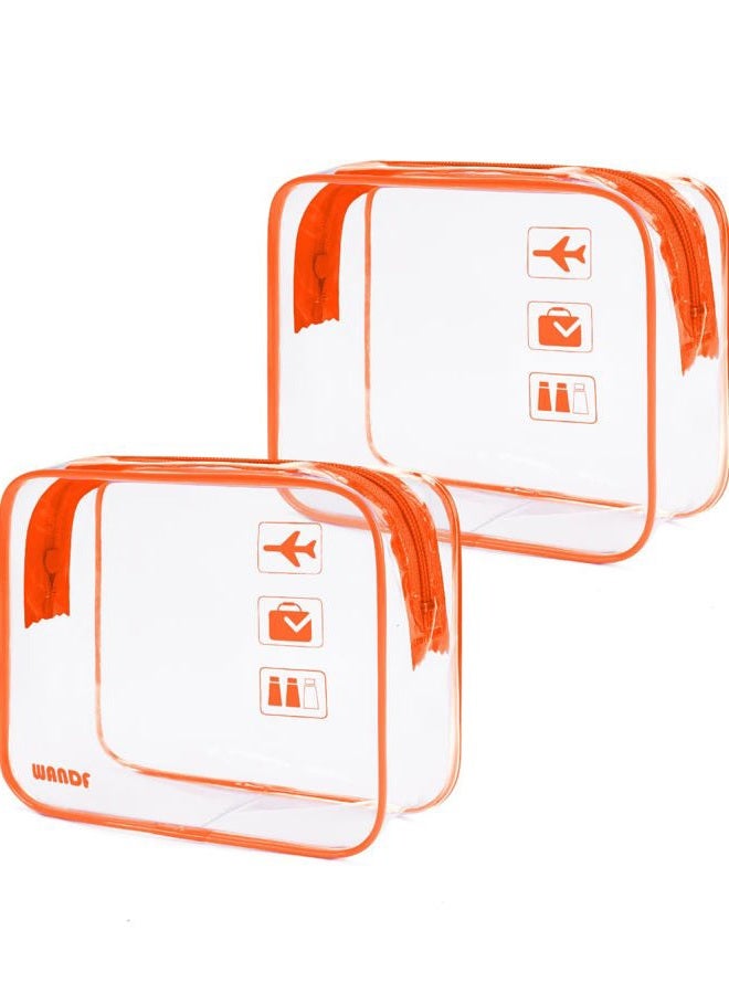 WANDF TSA Approved Clear Travel Toiletry Bag wih Zippers Carry-on Travel Accessories Quart Size Toiletries Cosmetic Pouch Makeup Bags for Men and Women (2pcs Orange) - Image 1