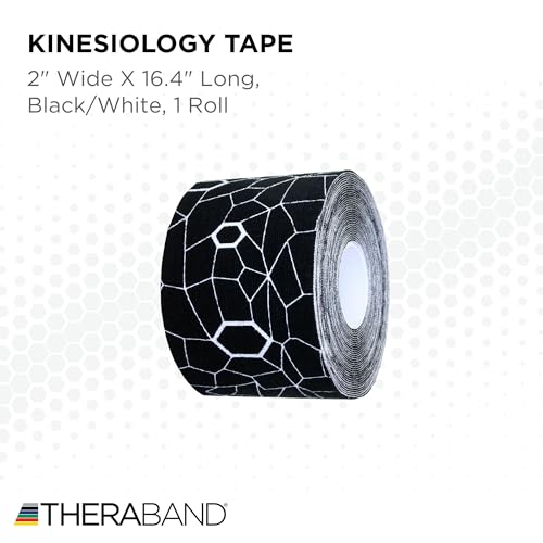 TheraBand شريط كينيسيو من ثيراباند، شريط فيزيائي مقاوم للماء لدعم العضلات والمفاصل، لفة قياسية مع مؤشرات تطبيق XactStretch، 2 بوصة × 16.4 قدم، أسود/أبيض - Image 2