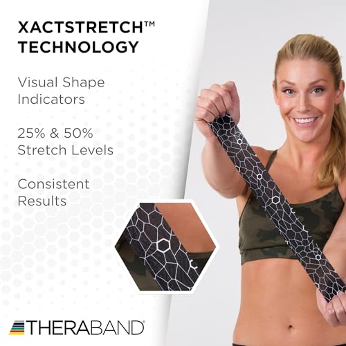 TheraBand شريط كينيسيو من ثيراباند، شريط فيزيائي مقاوم للماء لدعم العضلات والمفاصل، لفة قياسية مع مؤشرات تطبيق XactStretch، 2 بوصة × 16.4 قدم، أسود/أبيض - Image 5
