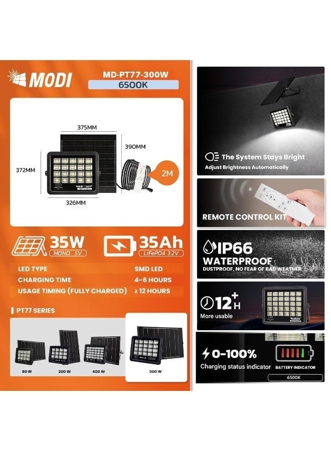 MODI 300W Solar LED Flood Light – IP66 Waterproof Outdoor Security Light with Smart Remote & Dusk-to-Dawn Sensor - Image 3