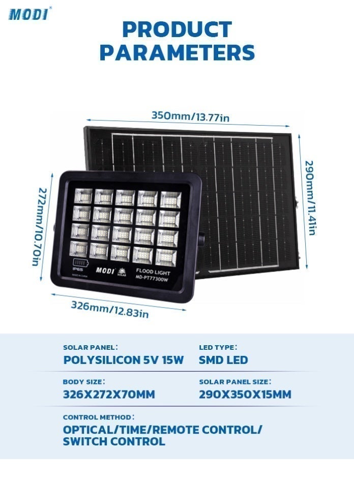 MODI 300W Solar LED Flood Light – IP66 Waterproof Outdoor Security Light with Smart Remote & Dusk-to-Dawn Sensor - Image 3