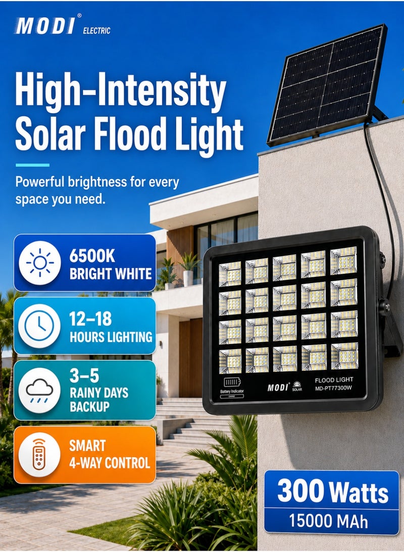 MODI 300W Solar LED Flood Light – IP66 Waterproof Outdoor Security Light with Smart Remote & Dusk-to-Dawn Sensor - Image 1