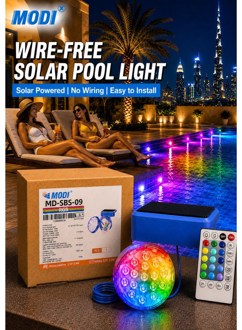 MODI RGB Solar Pool Light, 16-Color IP68 Waterproof Underwater Light With Remote Control, 4 Lighting Modes & Timer, For Swimming Pool, Pond, Fountain & Outdoor Water Features - Image 1