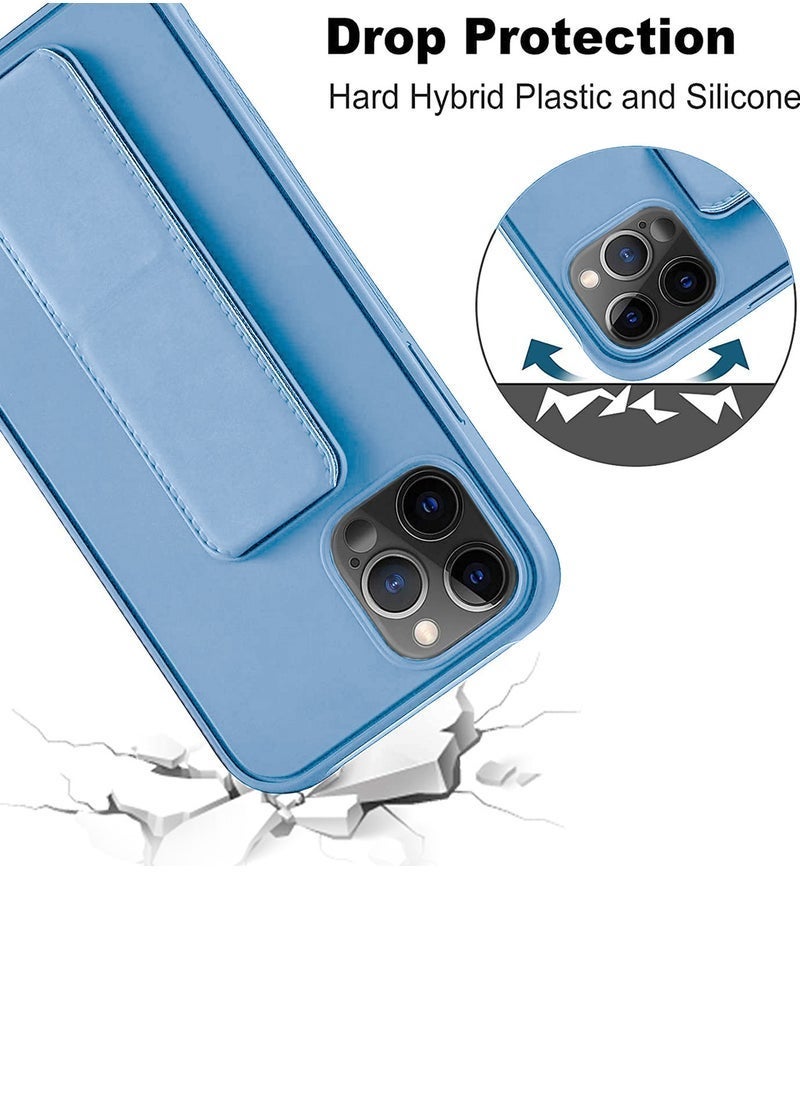 Hand Grip Magnetic Kickstand Case for iPhone 15 Pro Max – 2023 Foldable Finger Holder with Wrist Strap – Built-In Iron Plate for Magnetic Mounts – Shockproof Soft TPU Back Cover – Sky Blue Protective Case with Grip & Stand Function