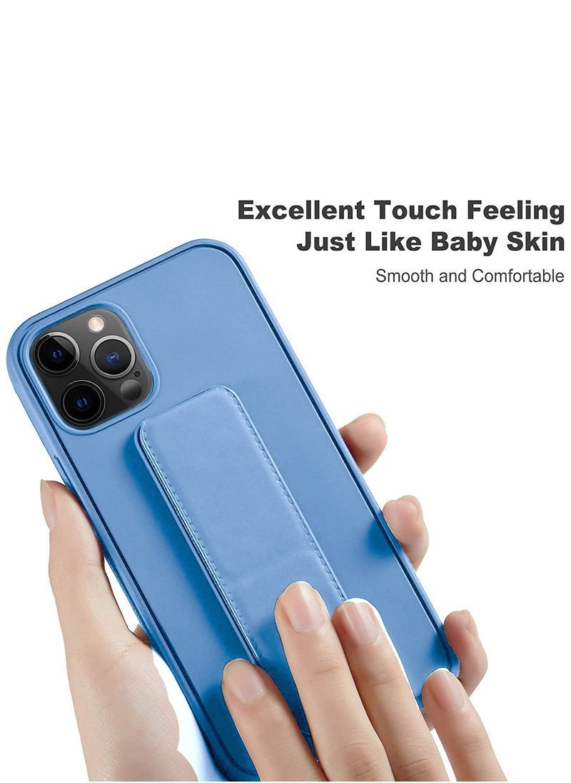 Hand Grip Magnetic Kickstand Case for iPhone 15 Pro Max – 2023 Foldable Finger Holder with Wrist Strap – Built-In Iron Plate for Magnetic Mounts – Shockproof Soft TPU Back Cover – Sky Blue Protective Case with Grip & Stand Function