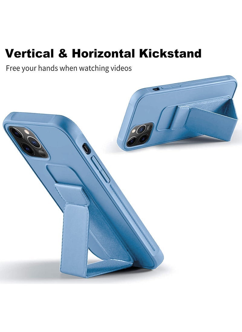 Hand Grip Magnetic Kickstand Case for iPhone 15 Pro Max – 2023 Foldable Finger Holder with Wrist Strap – Built-In Iron Plate for Magnetic Mounts – Shockproof Soft TPU Back Cover – Sky Blue Protective Case with Grip & Stand Function