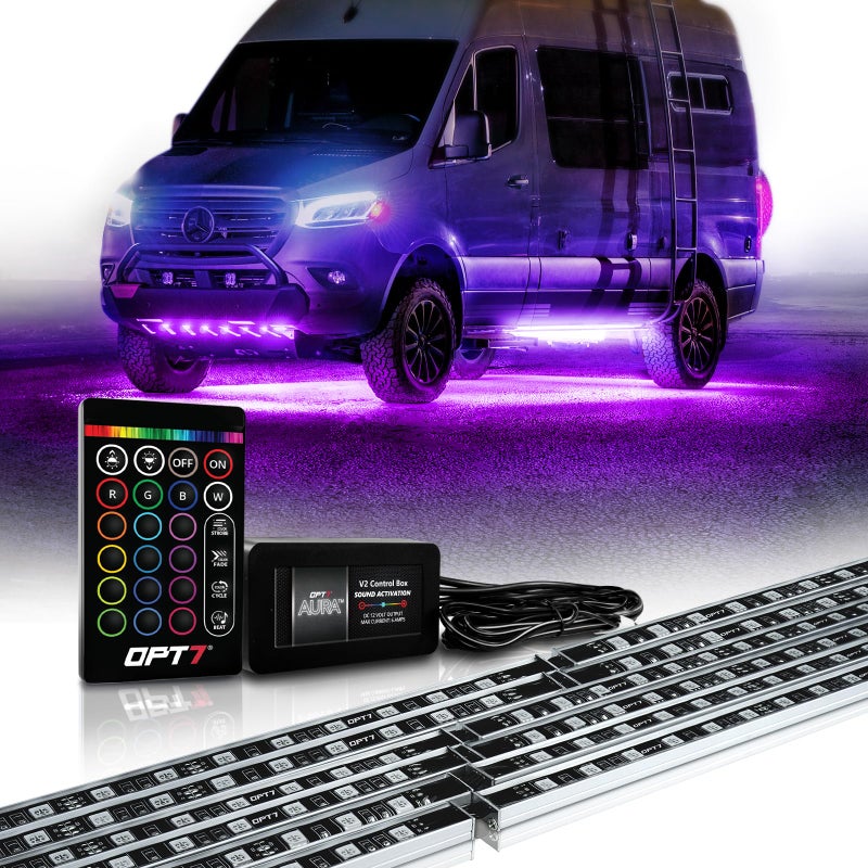 OPT7 Aura Aluminum Underglow Lights for RV Camper Van wRemote Control 12V LED Waterproof Light Bars Exterior Neon Underbody Music Lighting Kit RGB Multicolor Motorhome Travel Trailer Decoration