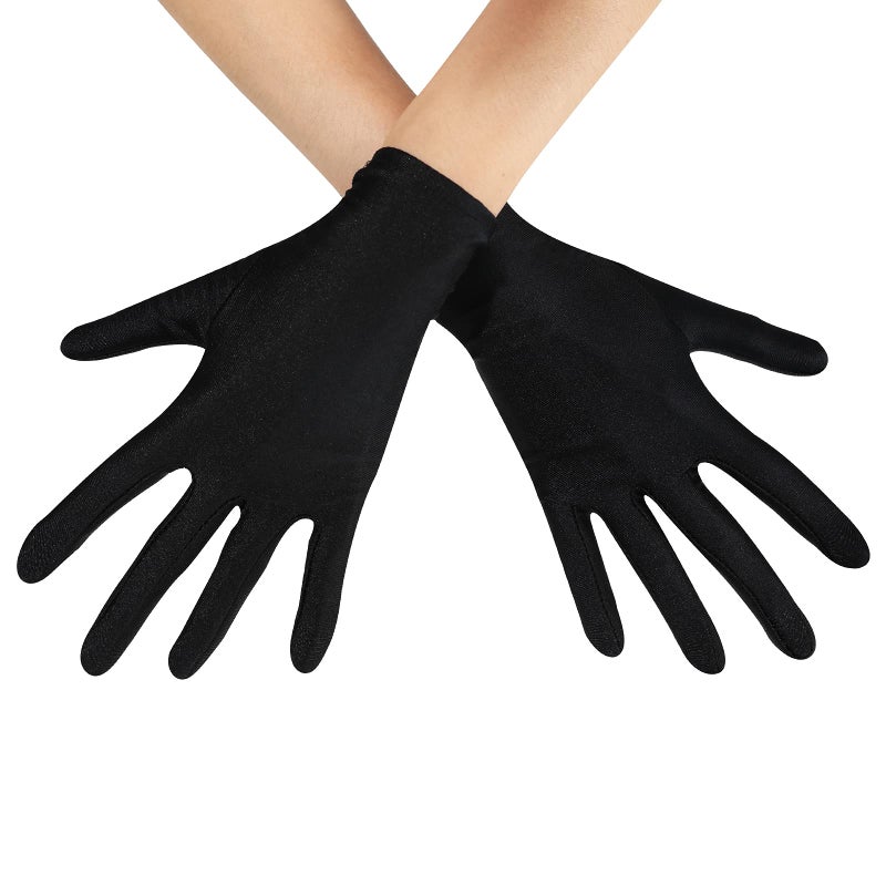 Lansian Women Formal Bridal Short Satin Banquet Party Wedding Black Opera Gloves Wrist Length for Wedding Evening Party (Black) - Image 1