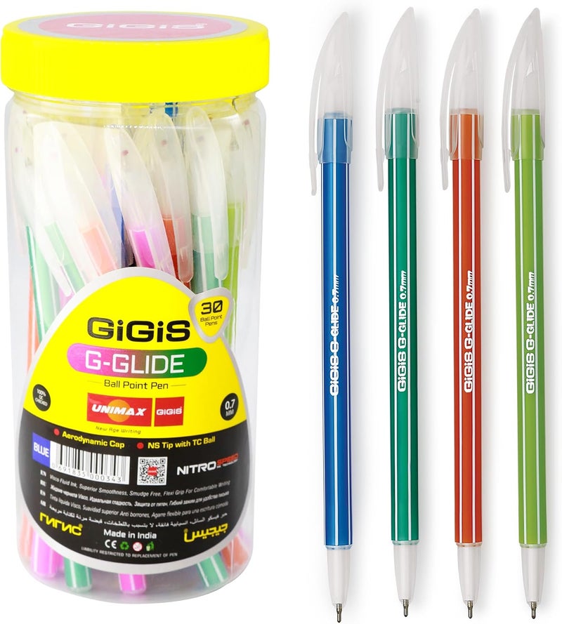 Gigis Unimax G-Glide Ball Point Pen 30-Pieces, 0.7 mm Tip Size, Blue Ink with Mix color Body - Image 1