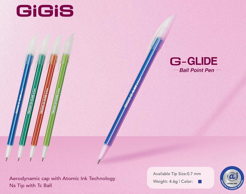 Gigis Unimax G-Glide Ball Point Pen 30-Pieces, 0.7 mm Tip Size, Blue Ink with Mix color Body - Image 2