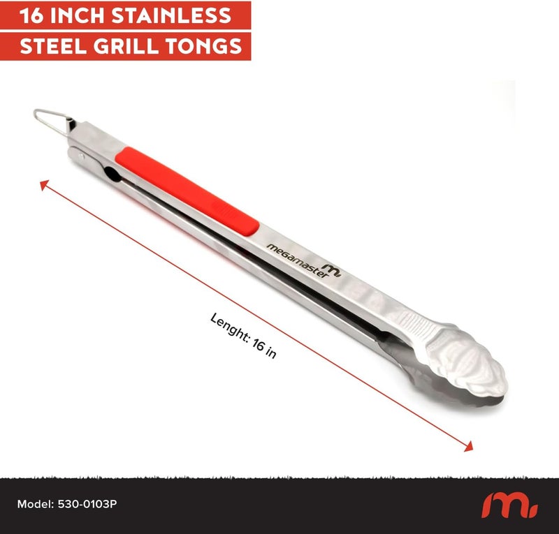 Megamaster 16" Extra-Long Stainless Steel Grill Tongs – Premium Locking BBQ Tongs for Grilling, Cooking, Barbecue, Tailgating – Easy Grip with Hanging Hook, Model 530-0103P - Image 2