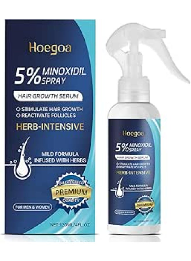 Hoegoa مينوكسيديل 5% للرجال (120 مل) – بخاخ متقدم مع بروفيتامين B5 ومستخلص زيت الخروع للعناية بالشعر واللحية