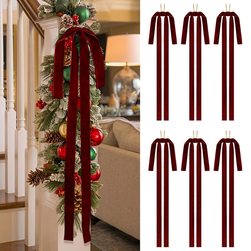 SIMISI RIBBON Burgundy Long Velvet Bows Ornaments for Christmas Tree Wreath Garland Swag Staircase Fireplace Door 15 24 inch 6 Pieces - Image 2