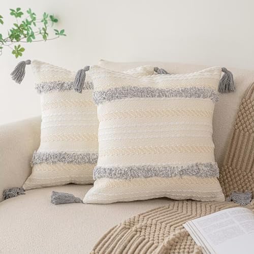 BUIOVBEY Boho Throw Pillow Covers 18x18 Set of 2 Woven Tufted Farmhouse Pillows Cover with Tassels Textured Striped Cushion Case Neutral Pillow Cases Decorative Pillowcase for Sofa Couch Bed Light Grey - Image 1