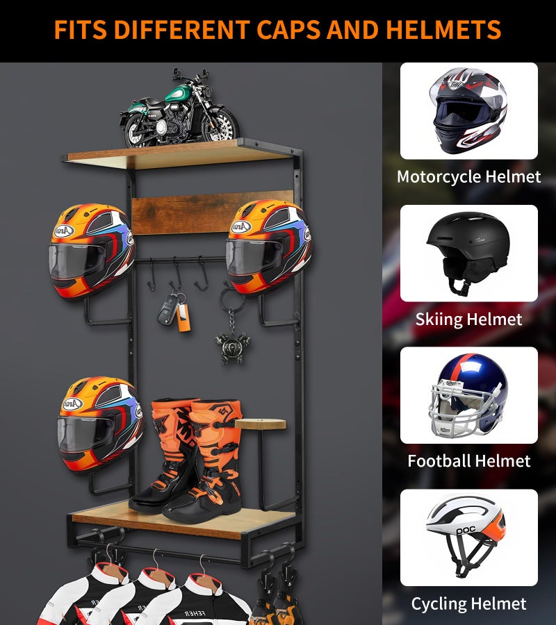NANXITU Motorcycle Helmet Rack Wall Mount, Retro Rust Helmet Holder with Wood Floating Shelf and Hooks for Storage - Image 2