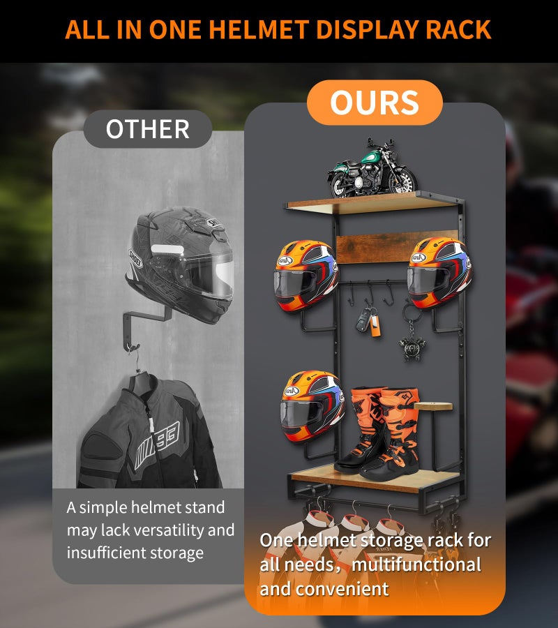 NANXITU Motorcycle Helmet Rack Wall Mount, Retro Rust Helmet Holder with Wood Floating Shelf and Hooks for Storage - Image 4