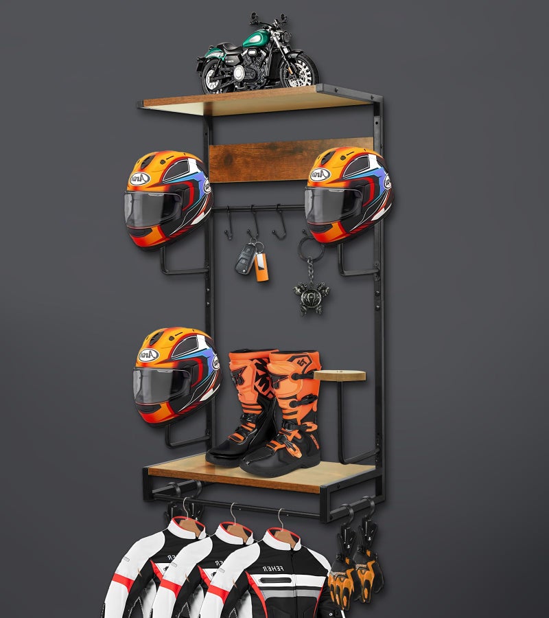 NANXITU Motorcycle Helmet Rack Wall Mount, Retro Rust Helmet Holder with Wood Floating Shelf and Hooks for Storage - Image 1