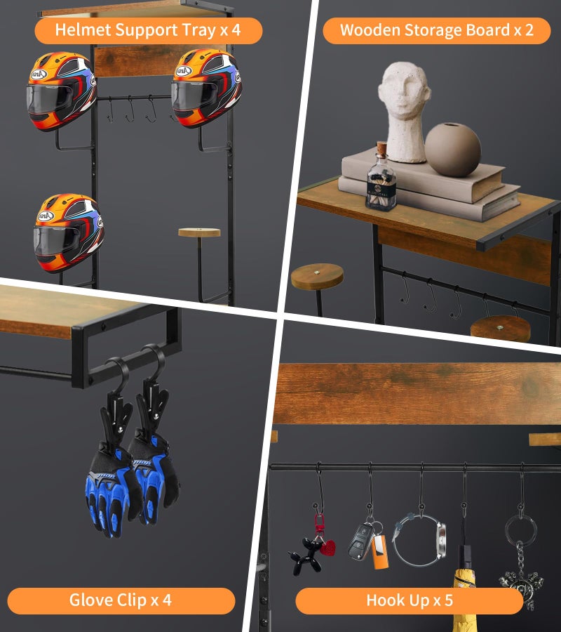 NANXITU Motorcycle Helmet Rack Wall Mount, Retro Rust Helmet Holder with Wood Floating Shelf and Hooks for Storage - Image 3