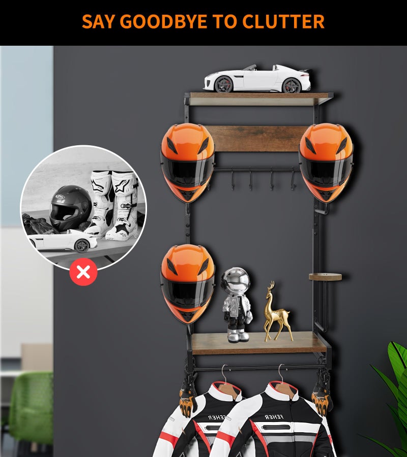 NANXITU Motorcycle Helmet Rack Wall Mount, Retro Rust Helmet Holder with Wood Floating Shelf and Hooks for Storage - Image 5