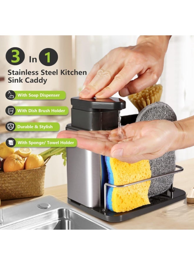 3-in-1 Kitchen Sink Soap Dispenser with Sponge and Brush Holder – Stainless Steel Sink Organizer, Liquid Soap Dispenser for Dishes and Hands, Integrated Sponge and Brush Storage, Space-Saving Modern Design, Rust-Resistant and Easy to Clean – Multicolor - Image 1