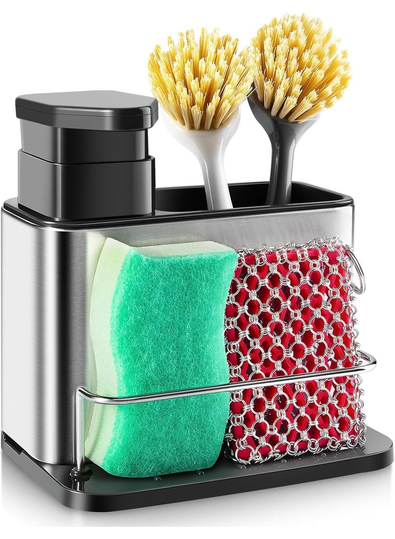 3-in-1 Kitchen Sink Soap Dispenser with Sponge and Brush Holder – Stainless Steel Sink Organizer, Liquid Soap Dispenser for Dishes and Hands, Integrated Sponge and Brush Storage, Space-Saving Modern Design, Rust-Resistant and Easy to Clean – Multicolor - Image 2