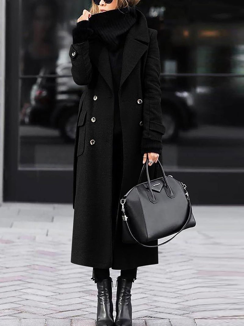 ebossy Women s Winter Double Breasted Wool Coat Elegant Notched Lapel Belted Mid Long Pea Trench Coat (2XL, Black) - Image 2