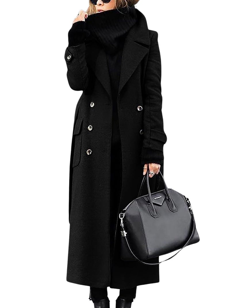 ebossy Women s Winter Double Breasted Wool Coat Elegant Notched Lapel Belted Mid Long Pea Trench Coat (2XL, Black) - Image 1