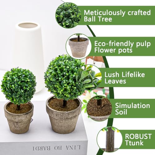 Woration Artificial Green Grass Ball Potted Fake Shrubs Big & Small Ball Plant Decoration Faux Small Boxwood Topiary Home Office Desk Table Room, 2 Pack - Image 4