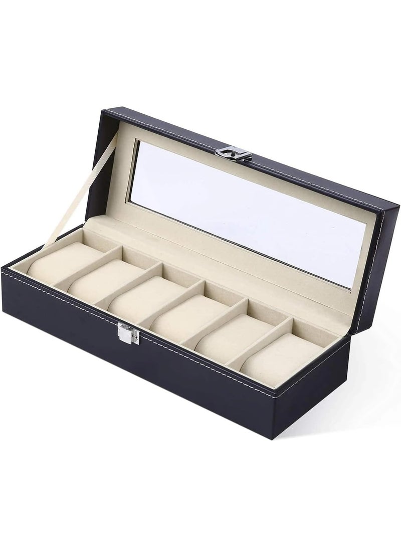 تراسل صندوق ساعات من الجلد الصناعي، حامل ساعات، منظم ساعات بغطاء زجاجي، علبة ساعات مع وسادة ساعات قابلة للإزالة، بطانة مخملية، قفل معدني، عرض ساعات - Image 1
