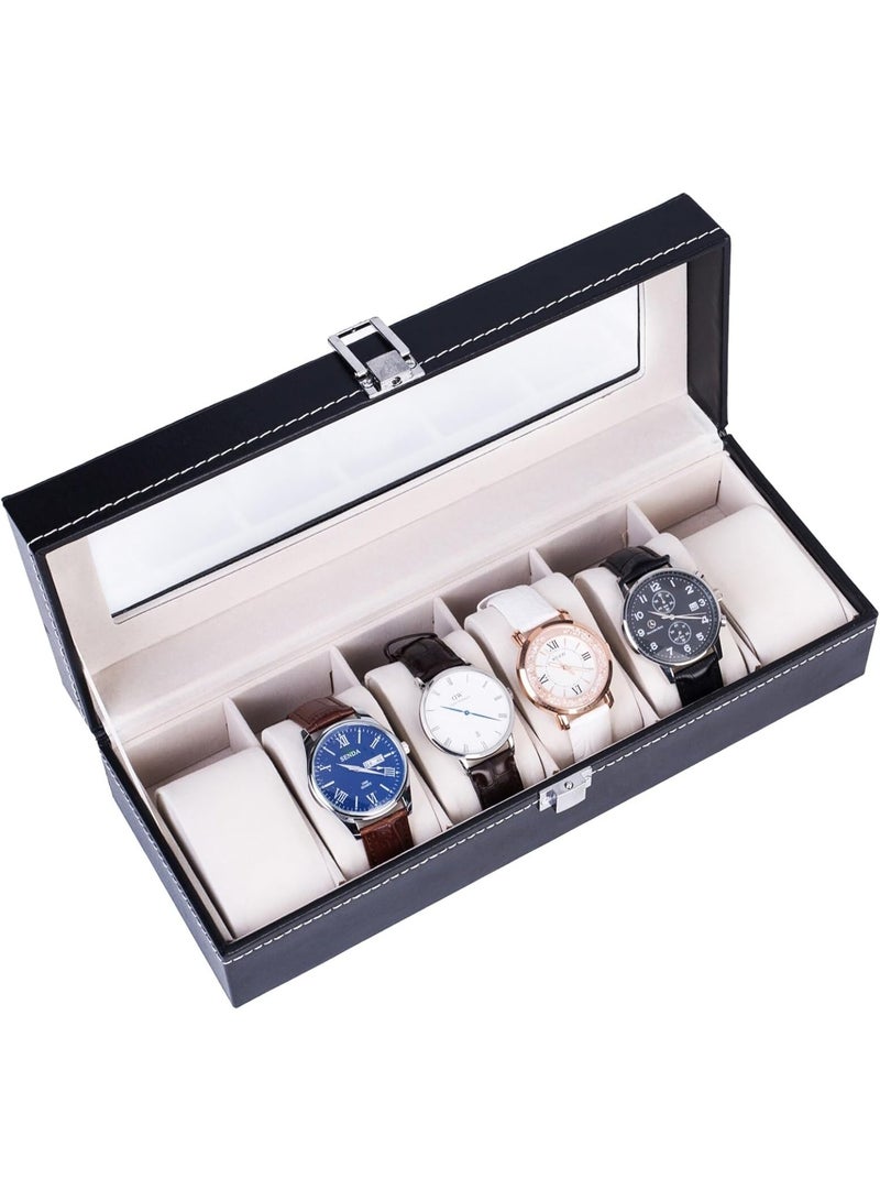 تراسل صندوق ساعات من الجلد الصناعي، حامل ساعات، منظم ساعات بغطاء زجاجي، علبة ساعات مع وسادة ساعات قابلة للإزالة، بطانة مخملية، قفل معدني، عرض ساعات - Image 3