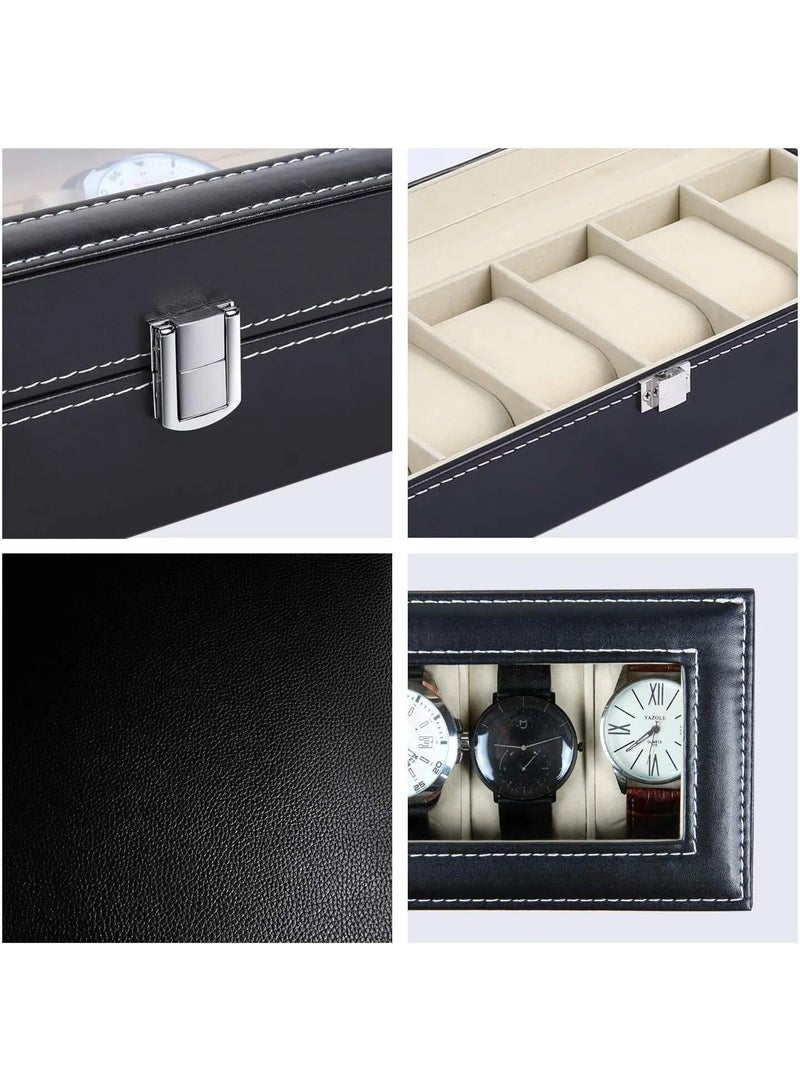 تراسل صندوق ساعات من الجلد الصناعي، حامل ساعات، منظم ساعات بغطاء زجاجي، علبة ساعات مع وسادة ساعات قابلة للإزالة، بطانة مخملية، قفل معدني، عرض ساعات - Image 4