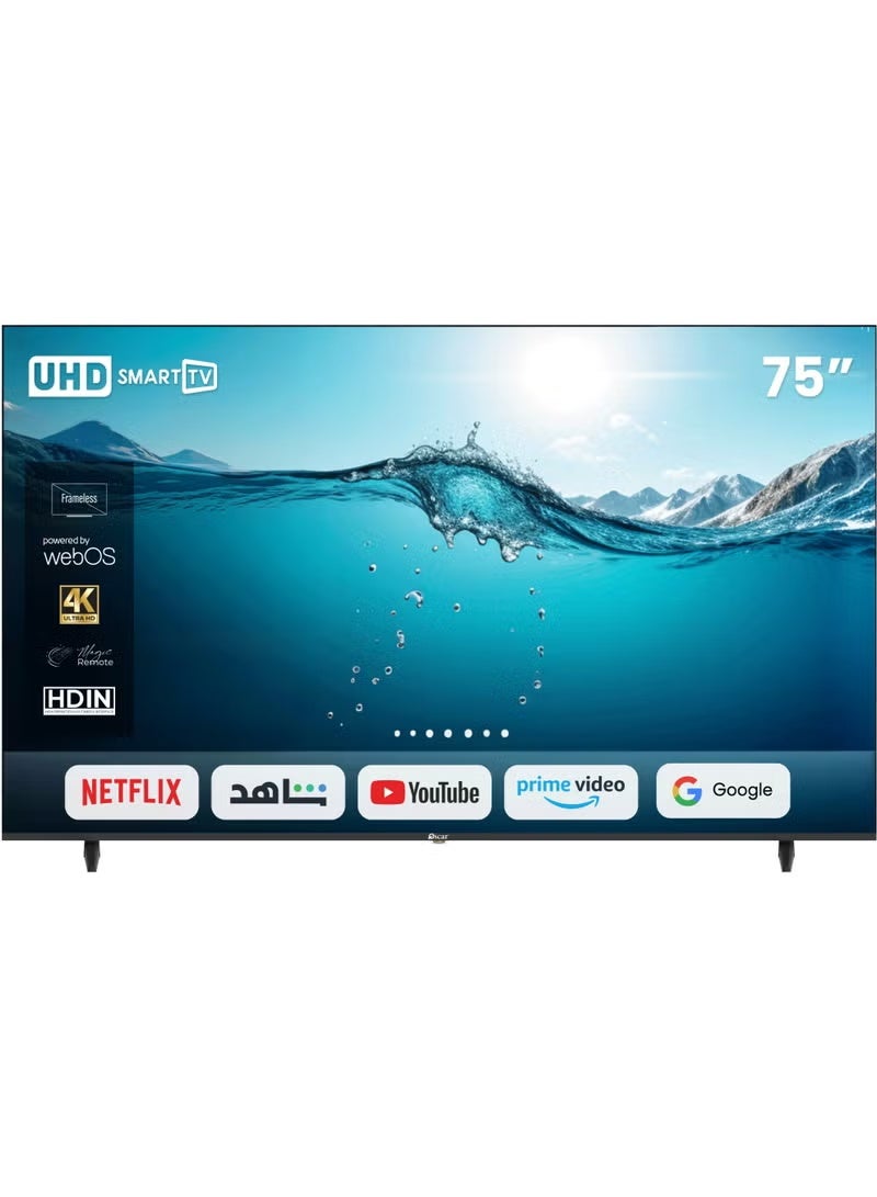 تلفزيون ذكي فائق الوضوح 4K مقاس 75 بوصة، مزود بنظام تشغيل webOS، وتقنية Dolby Audio، وتقنية HDR10، وجهاز تحكم عن بعد سحري، وNetflix، وYouTube، وPrime Video، وApple AirPlay، وApple Home - OS75PW4KM