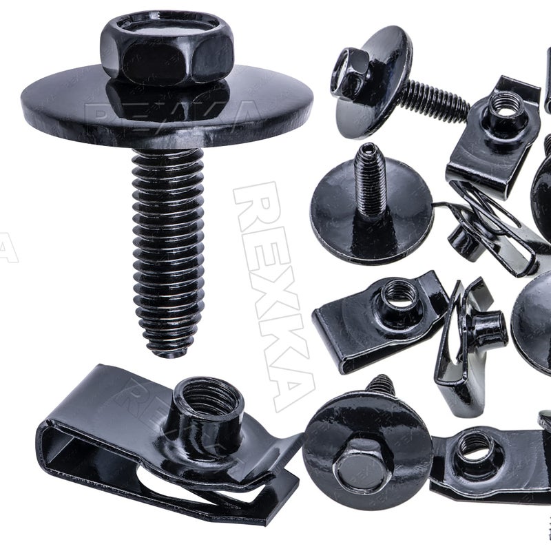 Rexka 10 Sets M6-1.0 x 25mm Hex Head Sems Fender Bumper Engine Hood Body Bolts Extruded U Nuts Kits for GM Buick Cadillac Chevrolet GMC Hummer Oldsmobile Pontiac Saturn