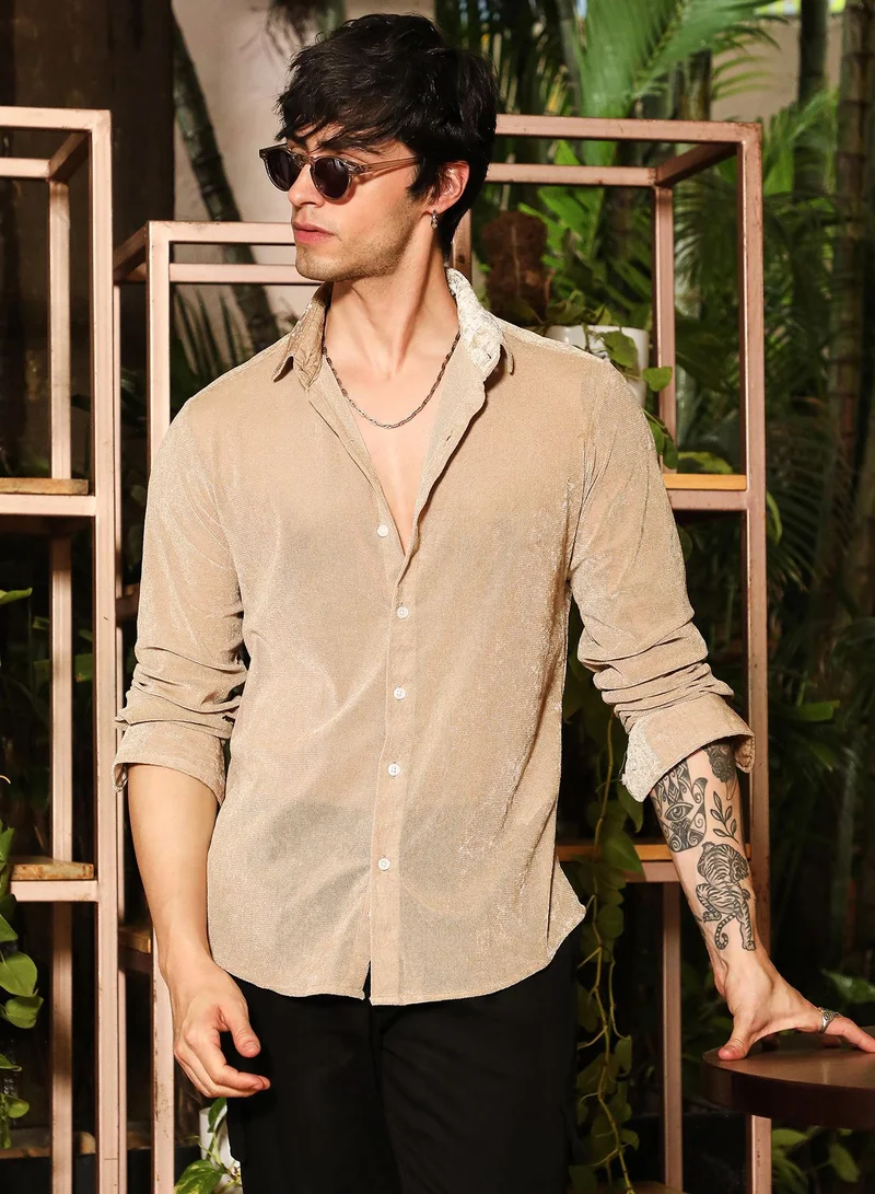 Campus Sutra Men's Sand Beige Solid Velvet Shirt For Casual Wear | Spread Collar | Long Sleeve | Button Closure | Shirt Crafted With Comfort Fit For Everyday Wear