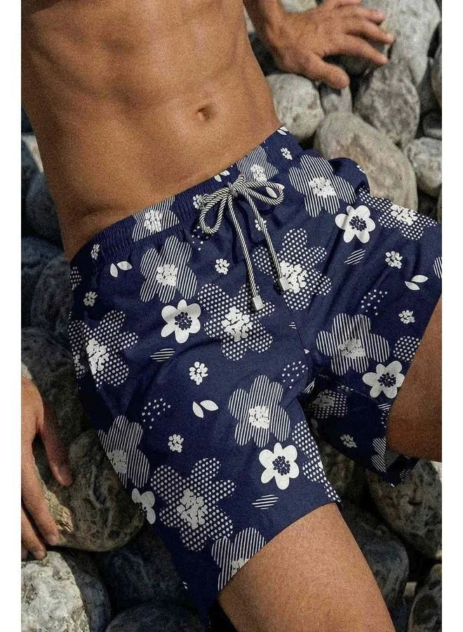 Aytuğ Egyptian Men's Soft Floral-Patterned Swim Shorts Marin.