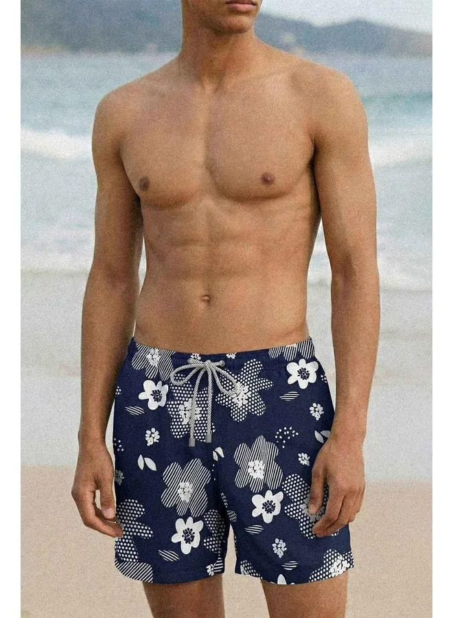Aytuğ Egyptian Men's Soft Floral-Patterned Swim Shorts Marin.