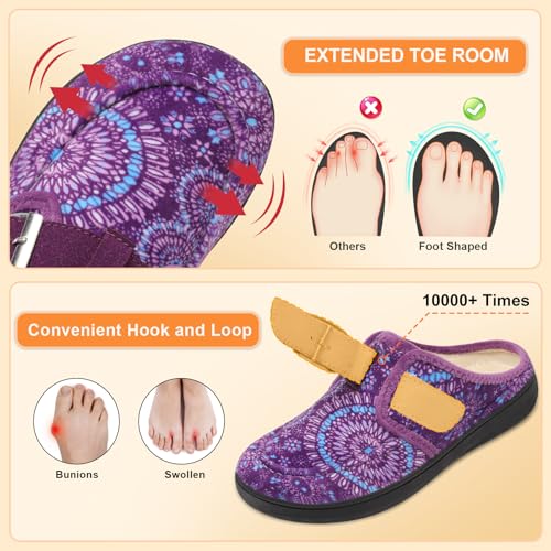 JOINFREE Womens Wide Slippers Cozy Adjustable House Mules Warm Memory Foam Indoor Outdoor Slip On Bedroom Shoes Edema Swollen Elderly Diabetic Slippers BoPurple Size 8 - Image 4