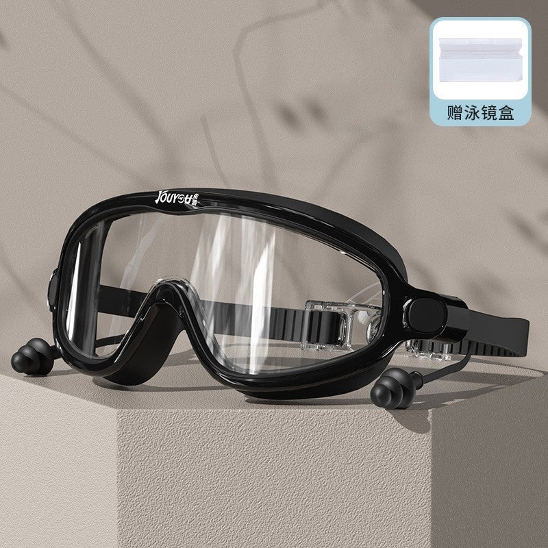 Generic New Fashion Swim Goggles for Women with Earplugs Anti-Fog Dark night black [all-in-one earplugs]